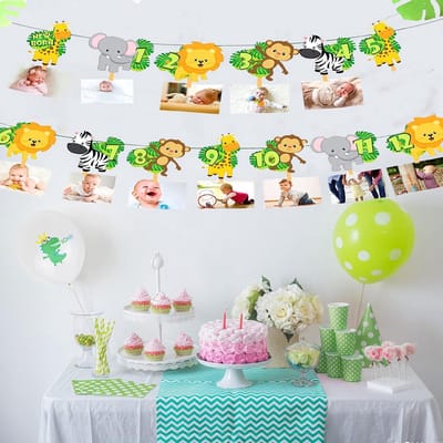SnelShoppen - Jungle Gold Maandelijkse Foto Banner Voor Kinderen - Duurzaam Glanzend Karton - Feestdecoratie Eerste Verjaardag - Dieren Thema - 1 Stuk