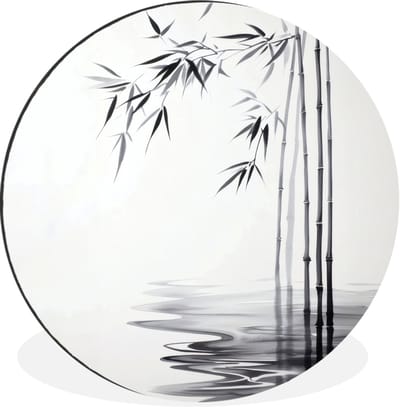 WallCircle - Wandcirkel - Muurcirkel - Bamboestammen - Water - Minimalistisch - Wit - Aluminium - Dibond - 30x30 cm - Binnen en Buiten
