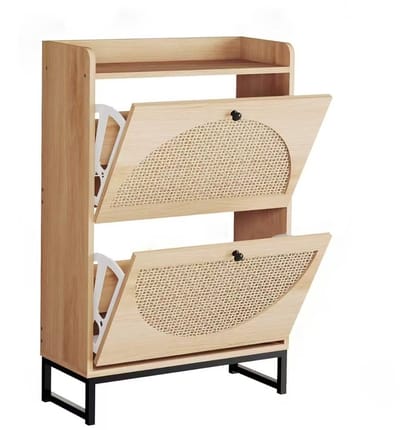 Luxaliving Schoenenkast Rotan – Schoenenrek met 2 Kleppen en Opbergplank – 90x57x24 cm – Smalle Halmeubel Houtlook met Metalen Onderstel – Naturel