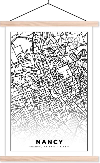 Posterhanger incl. Poster 40x60 cm - Schoolplaat - Stadskaart - Nancy - Plattegrond - Kaart - Frankrijk - Zwart wit - Textielposter - Blanke latten - Stadskaart
