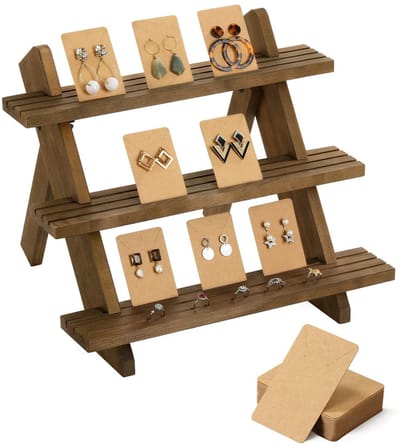 Dailygoody - Displaystandaard voor oorbellen - Houten sieradenhouder - Bruin - Oorbellen en ringen - Trapsgewijze vitrine - Geschikt voor vrouwen