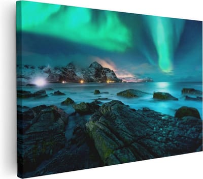 Artaza Canvas Schilderij Noorderlicht - 30x20 cm - Klein - Wanddecoratie Strand Zee - Muurdecoratie Bergen - Kamer Accessoires