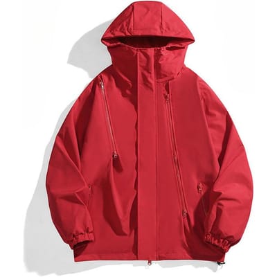 Lente en Herfst Japans Effen Kleur Textuur Multi-rits Werkjas Winddichte Waterdichte Jas Jas met Capuchon Heren XL red