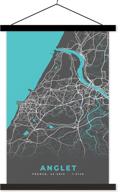 Posterhanger incl. Poster 40x60 cm - Schoolplaat - Frankrijk - Stadskaart - Kaart - Plattegrond - Anglet - Textielposter - Zwarte latten - Stadskaart