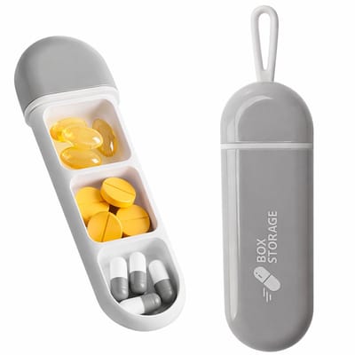 Draagbare I Pillendoosje I Pillendoos I Medicijn Doosje I Waterdicht I Pil Box Tube I 3 Vakken I Incl. Ophanghaak I Grijs