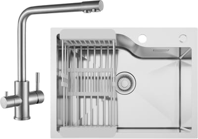 CECIPA max Spoelbak Keuken 60x45CM - Spoelbakken Keuken Met 3 Wege Keukenkraan - Spoelbakken met Afdruiprek - Enkele spoelbak - Incl. Sifon en Afvoerzeefje - RVS