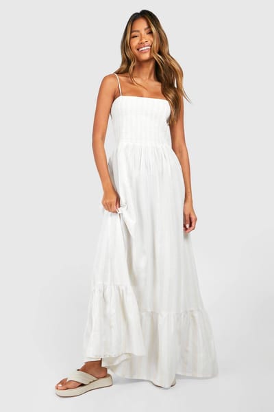 boohoo Dames Linnenlook Geschrimpte Gestreepte Bandeau Maxi-jurk | Ecru | Maat: 40