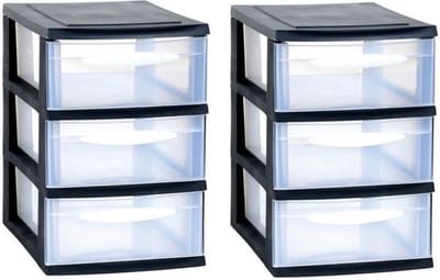 EDA Ladenkast/bureau organizer - 2x stuks - zwart - stapelbaar - A5 formaat - met 3 lades - L18 x B28 x H28 cm - Ladenblokken