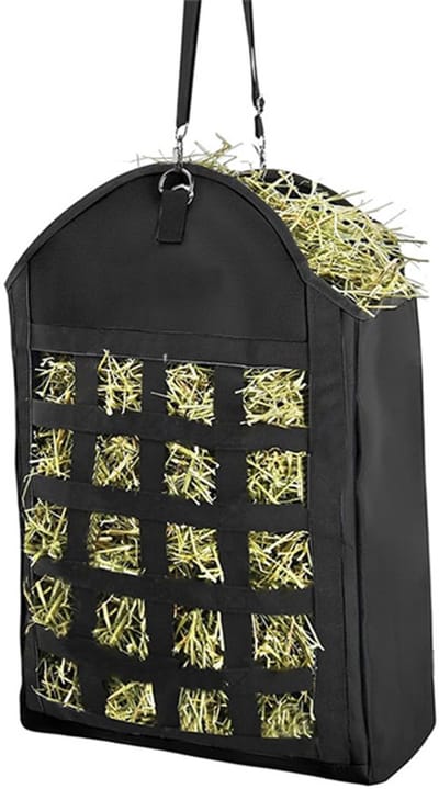 Zwarte 1200D Oxford slow-feeding hooizak 35,5×19,9×46,7 cm | Met vooraan hooinet en grote vulopening, duurzaam en slijtvast | Geschikt voor slow feeding bij paarden, geiten en ezels