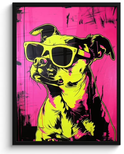 Poster in lijst - Fotolijst 50x70 cm - Posters - Hond - Zonnebril - Roze - Art - Posterlijst zwart - Decoratie - Wanddecoratie woonkamer - Muurdecoratie slaapkamer
