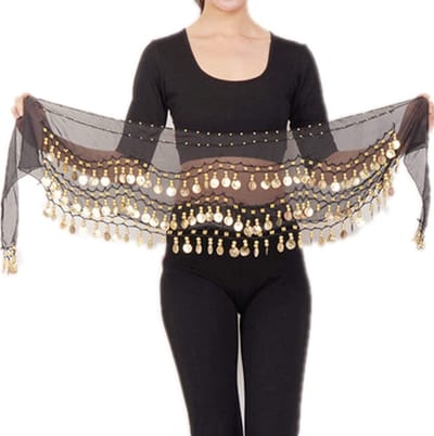 Belly Dance Heupdoek met Gouden Munten, Zwart, EU 32 - Perfect voor Dansperformances en Feestjes