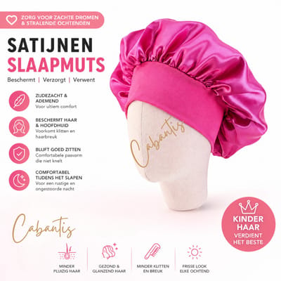 Cabantis® Kinder Slaapmuts Satijn – Anti Pluis & Klitten – Zachte Bonnet voor Krullen – Beschermt Haar tijdens Slapen – Comfortabele Pasvorm - Fel Roze