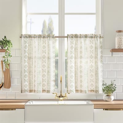 Unyqoos® Charmante Geometrische Linnenlook Bistro Gordijnen voor Keuken en Eetkamer, Set van 2 Stuks, Groen op Beige