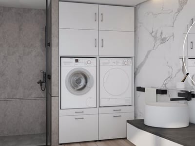 MOBISTOXX Wasmachine Kast - Set van 2 - Wasmachine Verhoger - Wasmachine Ombouw - 135 cm x 67 cm x 233 cm (B x D x H) - Met Lade Voor Wasmand - Voor Wasmachine en Droogkast - Extra Kastruimte Boven - Wit