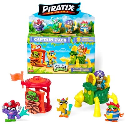PIRATIX ADVENTURE WORLD Crazy Jungle-serie, Captain Pack Watchtower - bevat 4 piratix, 1 gouden kapitein, 4 neonaccessoires, 1 kooi, 1 kanon, 2 exclusieve schatten en 2 neon vlaggen. 3/6 stuks