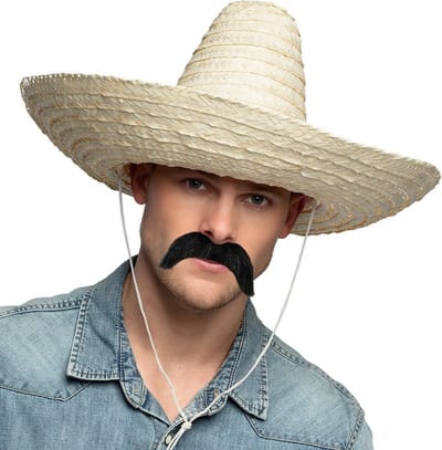 Smiffys Mexicaan Carnaval verkleed set - Grote sombrero hoed naturel - Dia 49 cm - met plaksnor - heren