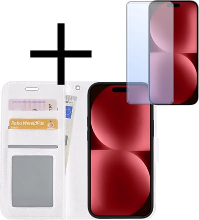 Hoesje - Met Screenprotector - Geschikt voor Apple iPhone 15 - Luxe Pasjeshouder - Bookcase Portemonee - Flip Case - Kunstleer Book Case - Flipcase - Book Cover - Walletcase - Portemonneehoes - Wit