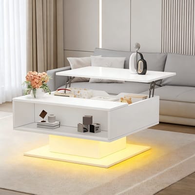 MODENUIT Salontafel - Hefbaar Tafelblad Met LED En Opbergruimte - Voor Woonkamer - Spaanplaat Wit - 80x75x40 Cm