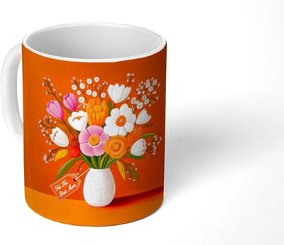 Mok - Koffiemok - Vaas - Bloemen - Oranje - Mokken - 350 ML - Beker - Koffiemokken - Theemok