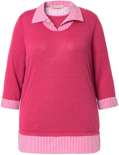 MIAMODA - Dames - Pullover 2-in-1 laagjeslook 3/4-mouwen - Hibiscusrood - Maat 46+