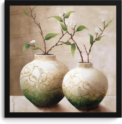 Poster in lijst - Fotolijst 40x40 cm - Posters - Bloemen - Vaas - Wit - Botanisch - Beige - Posterlijst zwart - Wanddecoratie badkamer - Muurdecoratie WC - Decoratieve accessoires - Toilet muur decoratie