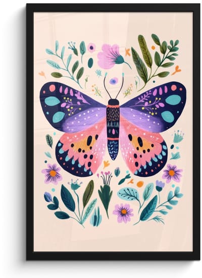 Poster in lijst - Fotolijst 40x60 cm - Posters - Bloemen - Bladeren - Vlinder - Kleurrijk - Posterlijst zwart - Decoratie - Wanddecoratie woonkamer - Muurdecoratie slaapkamer
