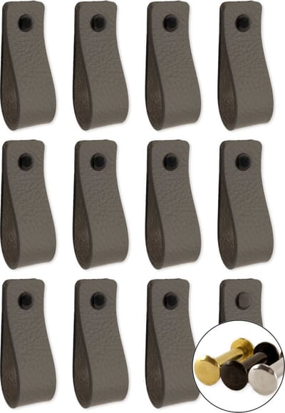 Leren handgrepen - Grijs - 12 stuks - 16,5 x 2,5 cm | incl. 3 kleuren schroeven voor de leren handgreep - Grijze handgrepen leer - Leren meubelgreep - Leren handvaten kast - Leren lus - Handgreep kast leer - Leren greepjes - Handvat leer
