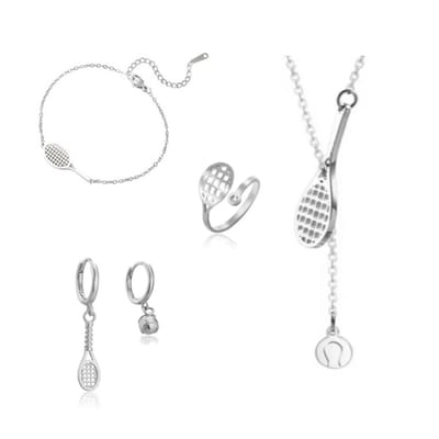 SportPresent® - Sieradenset - Tennis - Padel - Ring - Oorbellen - Armband - Ketting - RVS - Zilver - Tennisracket - 925 - Tennisbal - Sieraad - Kado - Sport - Teamkado - Sportsieraad