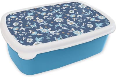 Broodtrommel Blauw - Lunchbox - Brooddoos - Patroon - Vogel - Bloemen - 18x12x6 cm - Kinderen - Jongen