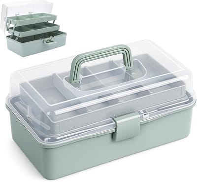 Multifunctionele 3-laagse opbergdoos voor kinderen, knutselbox met deksel, ideaal voor naaien en kleine onderdelen, donker groen