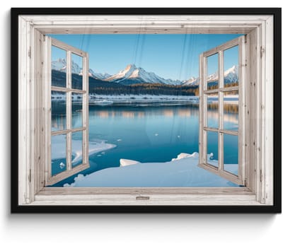 Poster in lijst - Fotolijst 70x50 cm - Posters - Landschap - Winter - Meer - Bergen - Uitzicht - Doorkijk - Licht - Posterlijst zwart - Decoratie - Wanddecoratie woonkamer - Muurdecoratie slaapkamer