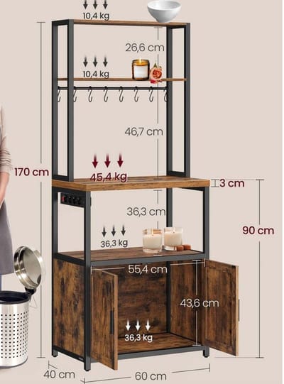 Signature Home Keukenkast - Keukenrek - staande Keukenkast met stopcontacten - Kast werkblad 90 cm hoog - met 8 haken - bruin/inktzwart - 40 x 60 x 170 cm