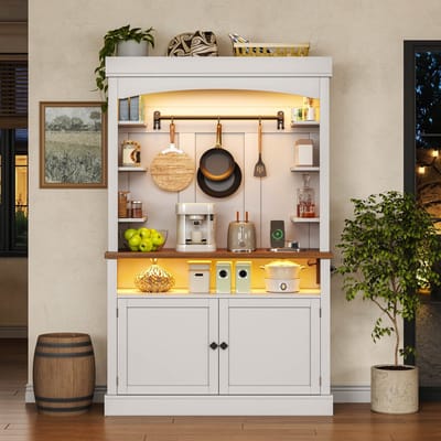 PHOEBE CAT Dressoir - Keukenkast - Vitrinekast - LED-verlichting - Stopcontact - Met haken - Houtlook - Wit