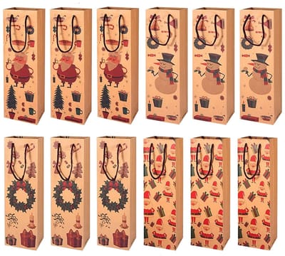 Dailygoody - Geschenkzakjes - Premium kerst-wijnzakken - Handig met trekkoord - Kraftpapier - Voor wijnflessen - Set van 12 stuks