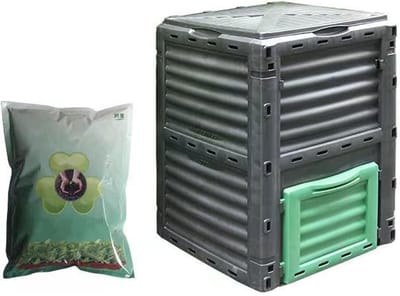 Compostbak 300L (80 Gallons) compostbak met 1 kg compostversneller, grote compostbak for buiten met klep aan de bovenkant en uitgangsdeur aan de onderkant, BPA-vrij materiaal, grasvoedsel prullenbak c
