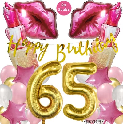 Snoes Mega Beauty Helium Ballonnen Set 65 Jaar - Roze Helium Folieballonnen - Slinger Happy Birthday Goud