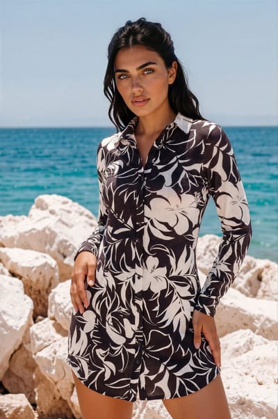 MI PIACE - Travel Jurk Tropical Hibiscus Print 202092 Espresso - Maat : M