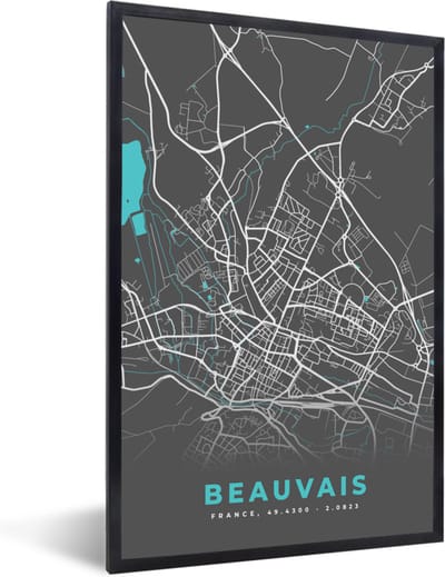 Fotolijst incl. Poster - Frankrijk - Plattegrond - Beauvais - Kaart - Stadskaart - 40x60 cm - Posterlijst