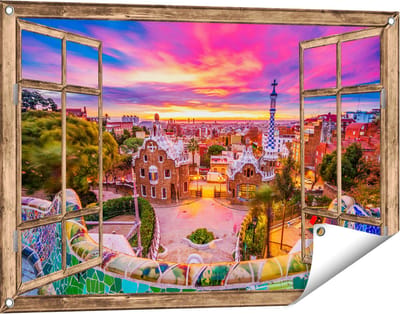 Gards Tuinposter Doorkijk Park Güell Uitzicht op Barcelona - 90x60 cm - Tuindoek - Tuindecoratie - Wanddecoratie buiten - Tuinschilderij