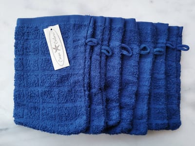 Set van 8 washandjes marineblauw in 100% katoen met ophanglus geruit