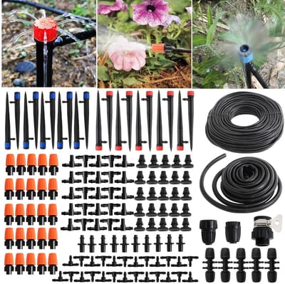 226FT Kas Micro Drip Irrigatie Kit Automatische Irrigatie Systeem Patio Misting Plant Watering Systeem met 1/4 "1/2" Blank Distributie Tubing Slang Verstelbare Nozzle Emitters Sprinkler