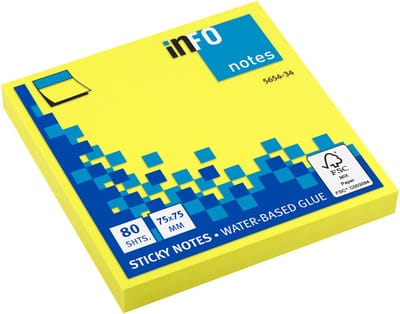 Info sticky notes - 80 vel - 75x75mm - geel - IN-5654-34