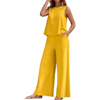 2 Stuks/Set Dames Top Broek Set Effen Kleur Ronde Hals Mouwloos Los Vest Wijde Pijp Zijzakken Broek Dagelijkse Kleding Woon-Werk Verkeer Vak S geel