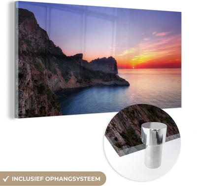 MuchoWow® Glasschilderij 40x20 cm - Schilderij acrylglas - Zee - Rots - Berg - Natuur - Foto op glas - Schilderijen