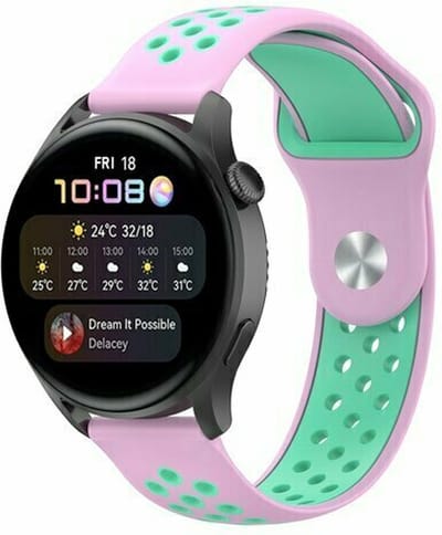 By Qubix - 22mm - Sport Edition siliconen band - Roze + groen - geschikt voor Huawei Watch 3 / 4 / 5 (pro) - 46mm & geschikt voor Huawei Watch GT / GT 2 / GT 3 (pro) / GT 4 (pro) / GT 5 (pro) / GT 6 (pro) 46mm / Ultimate / Ultimate 2