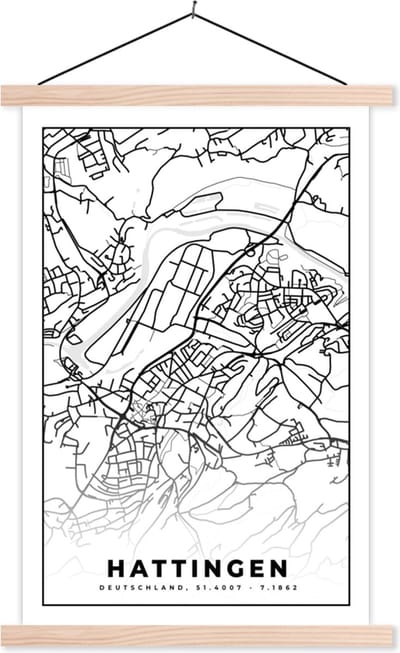 Posterhanger incl. Poster 40x60 cm - Schoolplaat - Hattingen - Kaart - Plattegrond - Stadskaart - Textielposter - Blanke latten - Stadskaart