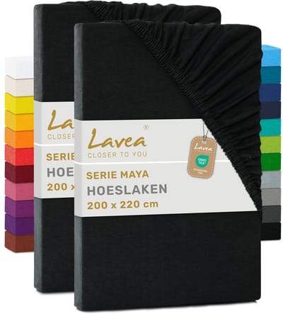 Lavea® Set van 2 Hoeslakens 200x220 cm – 100% Zacht en Ademend Katoen – voor Dikke Matrassen tot 35 cm – Jersey met Elastiek rondom – Zwart