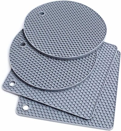 Fako® - Pannenonderzetter Hittebestendig - Onderzetter Voor Pannen - Siliconen Mat - Potopener - Rond & Vierkant - Lichtgrijs - 4 Stuks