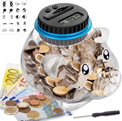 Oneay Digitale spaarpot in de vorm van een varken (1,6 liter) met automatisch LCD-display, automatische muntenteller, geldvak en reismuntenhouder, geschikt voor kinderen en vrienden.