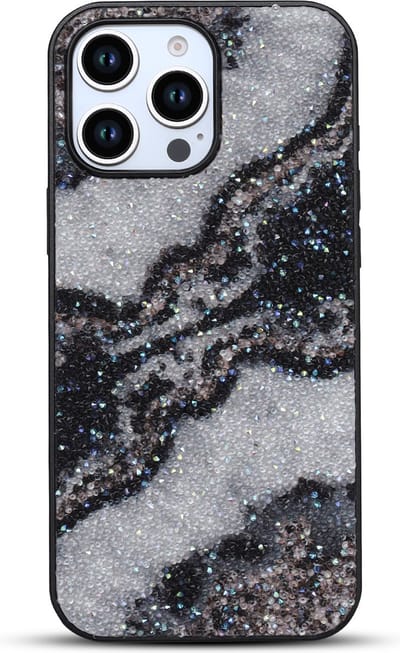 Casemania Hoesje Geschikt voor Apple iPhone 16 Pro - Zwart - Diamant Marmer Glitter Back Cover
